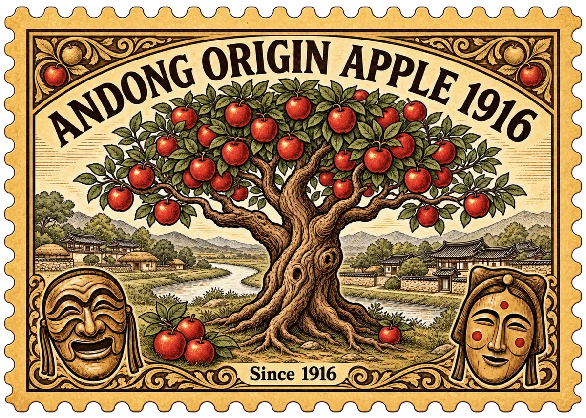 Andong Origin Apple 1916 우표 — 하회탈과 사과나무