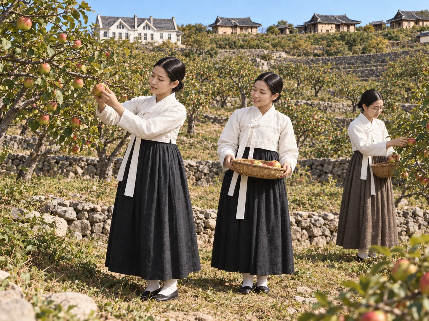 동산 사과밭에서 사과를 따는 여학생들 재현 이미지